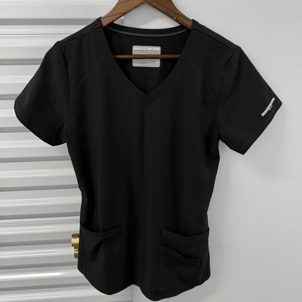 Skechers by Barco Scrub‎ Top Womens Small Black V Neck Stretch